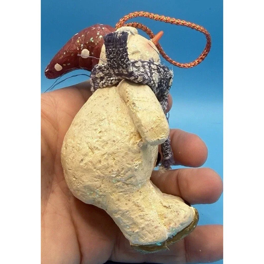 Ceramic Snowman Christmas Ornament Folk Art Glitter Red Hat Scarf Rustic